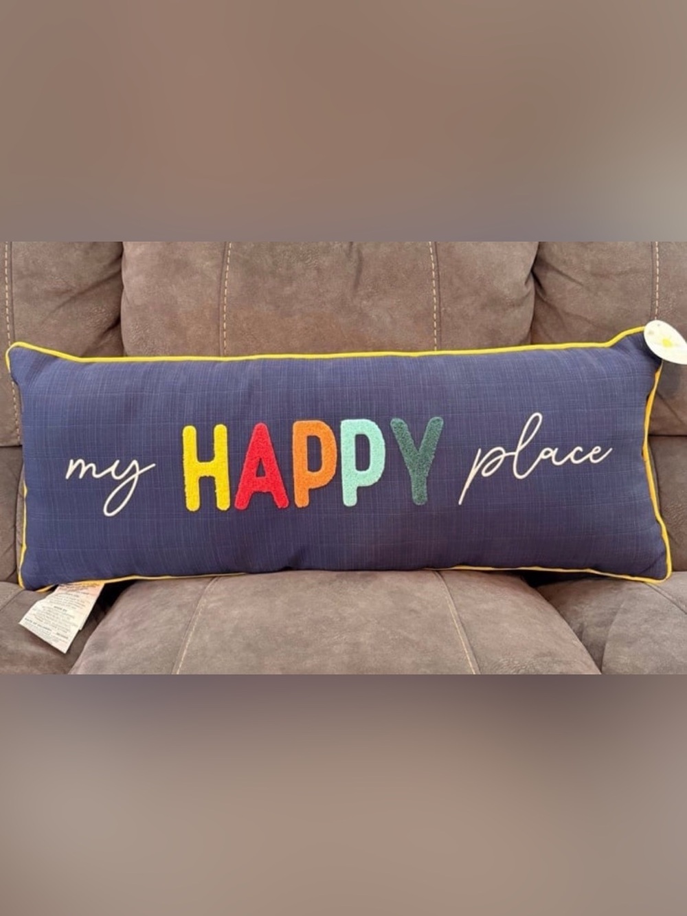 Kirklands Navy Throw Pillow with Multicolor 'HAPPY' Embroidery